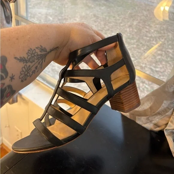 Antonio Melani Black Leather Cage Block Heel Sandals Women’s 7.5 - Picture 5 of 11